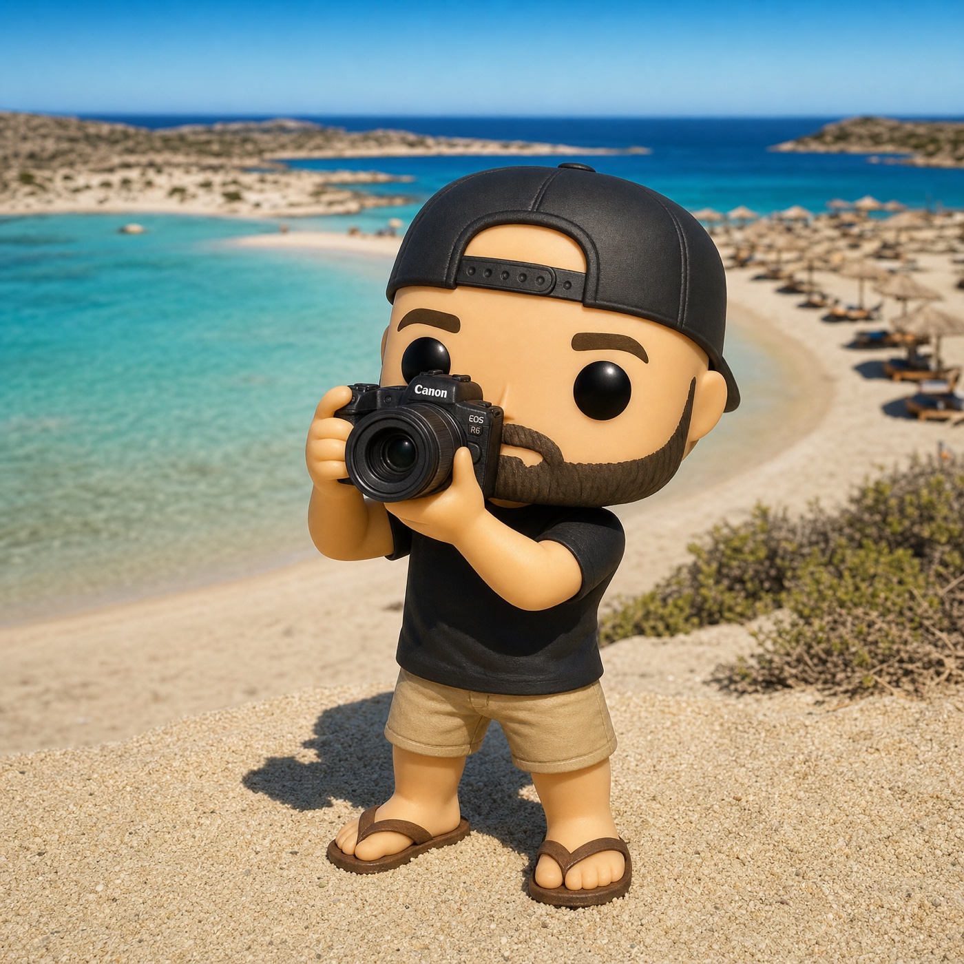 An AI-generated Funko Pop style figure of a bearded photographer with a Canon camera stood on a Greek beach