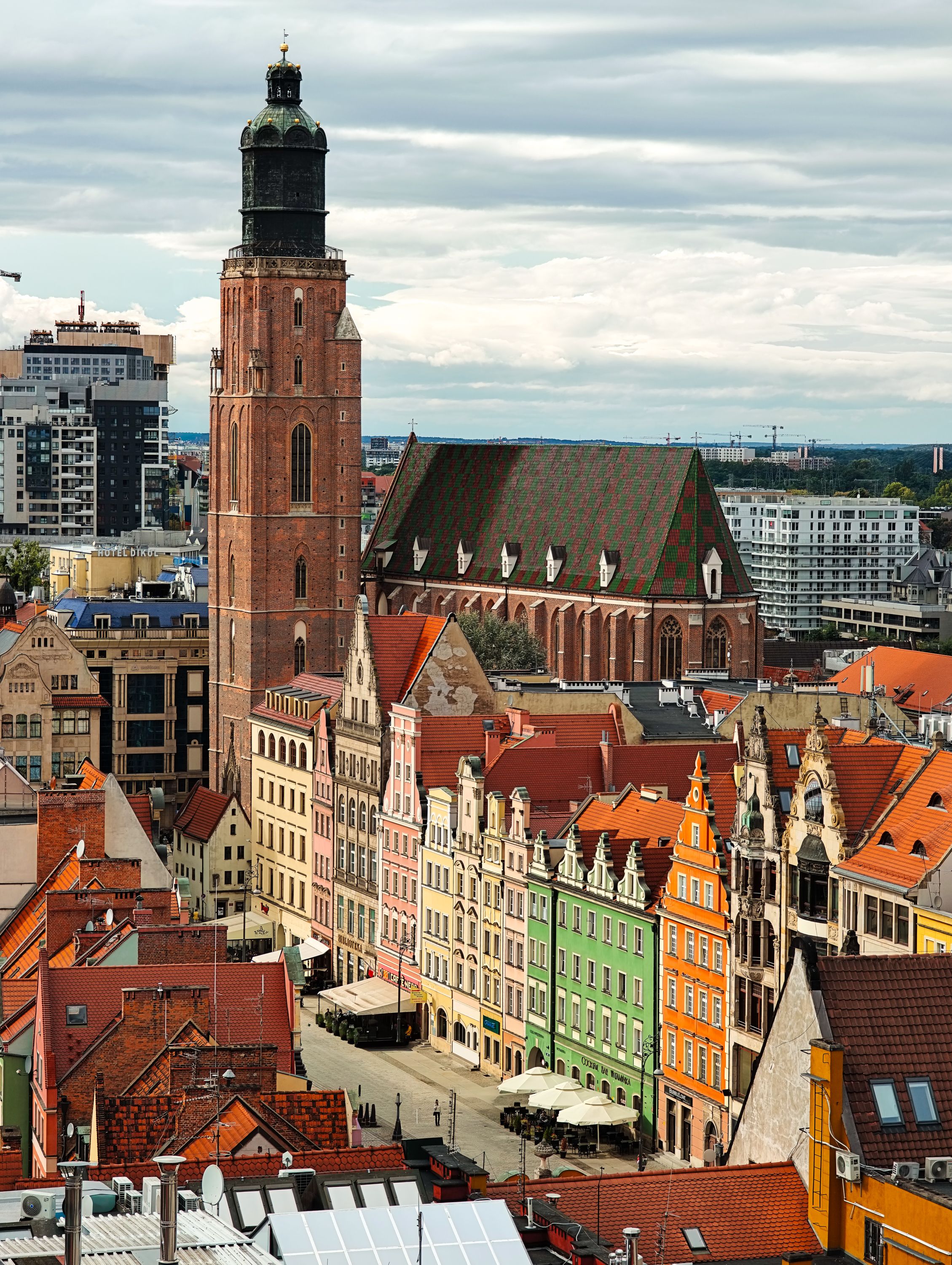 St Elizabeth's Tower and historic town hall buildings at Rynek square Wroclaw, cityscape architecture photography Poland