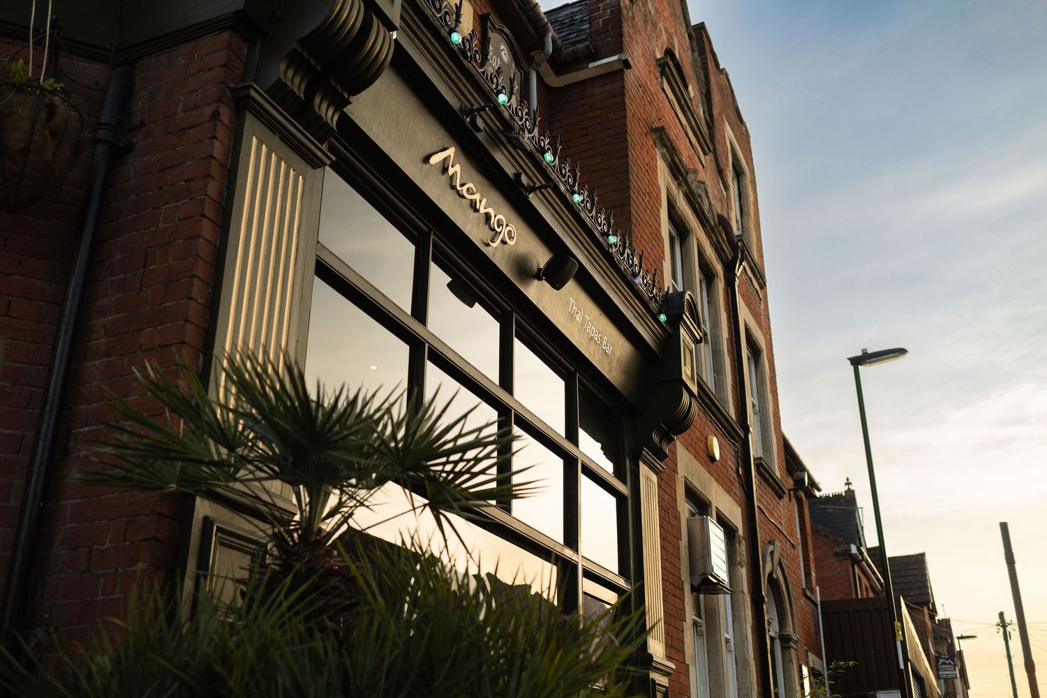 Mango Thai Tapas Bar exterior at dusk with illuminated signage, red brick facade, large windows and palm plants in foreground, commercial dusk photography