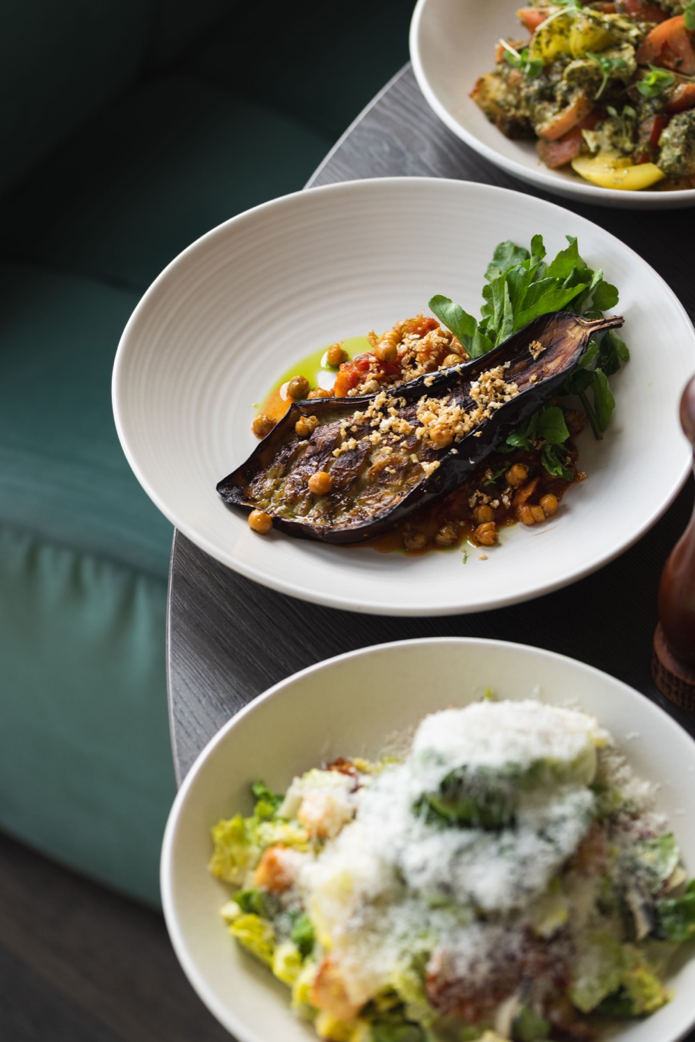Grilled aubergine with chickpeas, rocket and caesar salad with parmesan at Figurati Italian restaurant Southampton, food photography