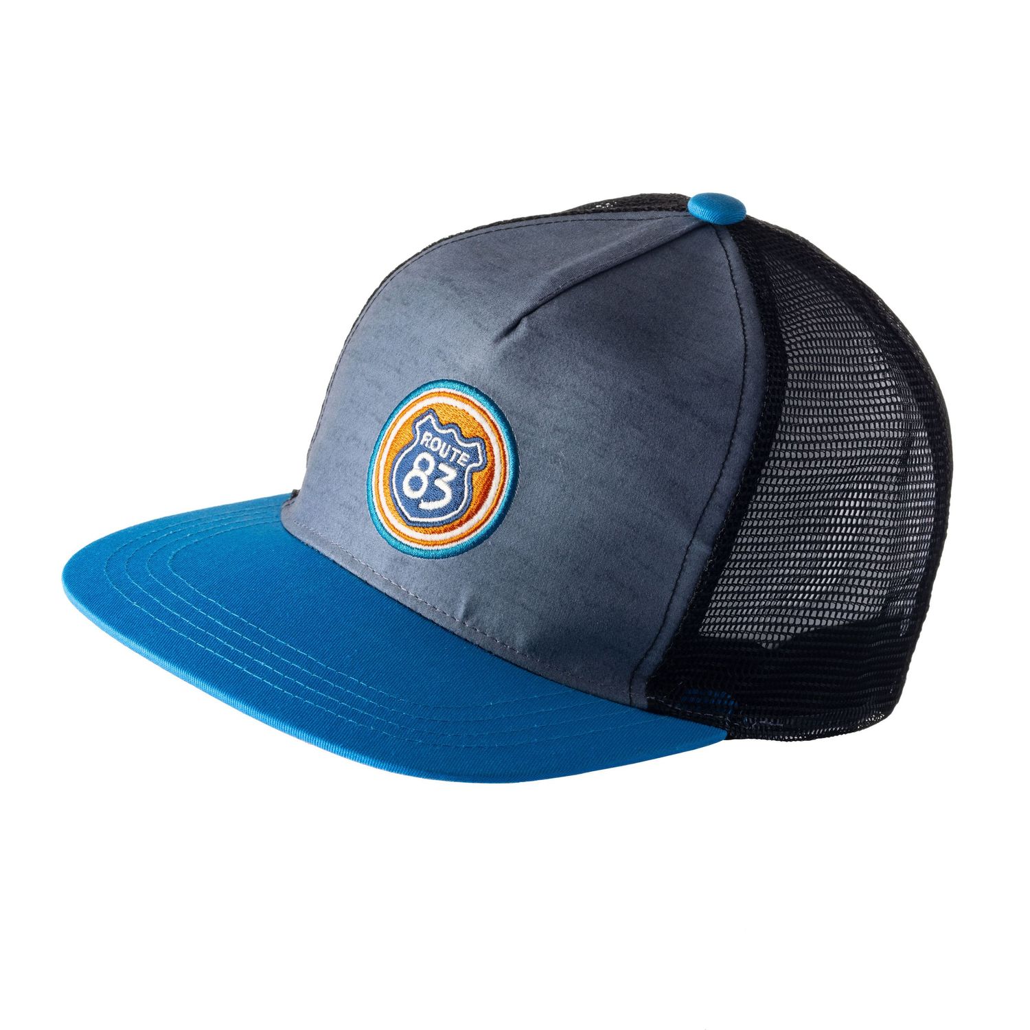 Grey and black mesh trucker cap with Route 83 logo patch and blue peak on a white background for Paultons Park, merchandise product photography