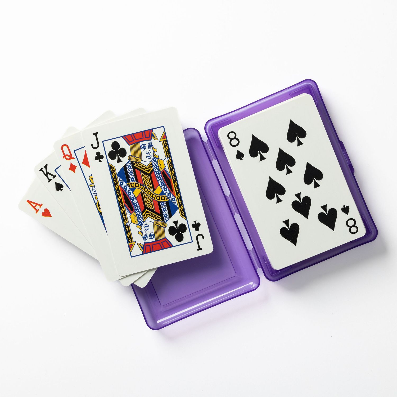 Playing cards in a purple plastic case fanned out on a white background for Paultons Park, theme park merchandise product photography