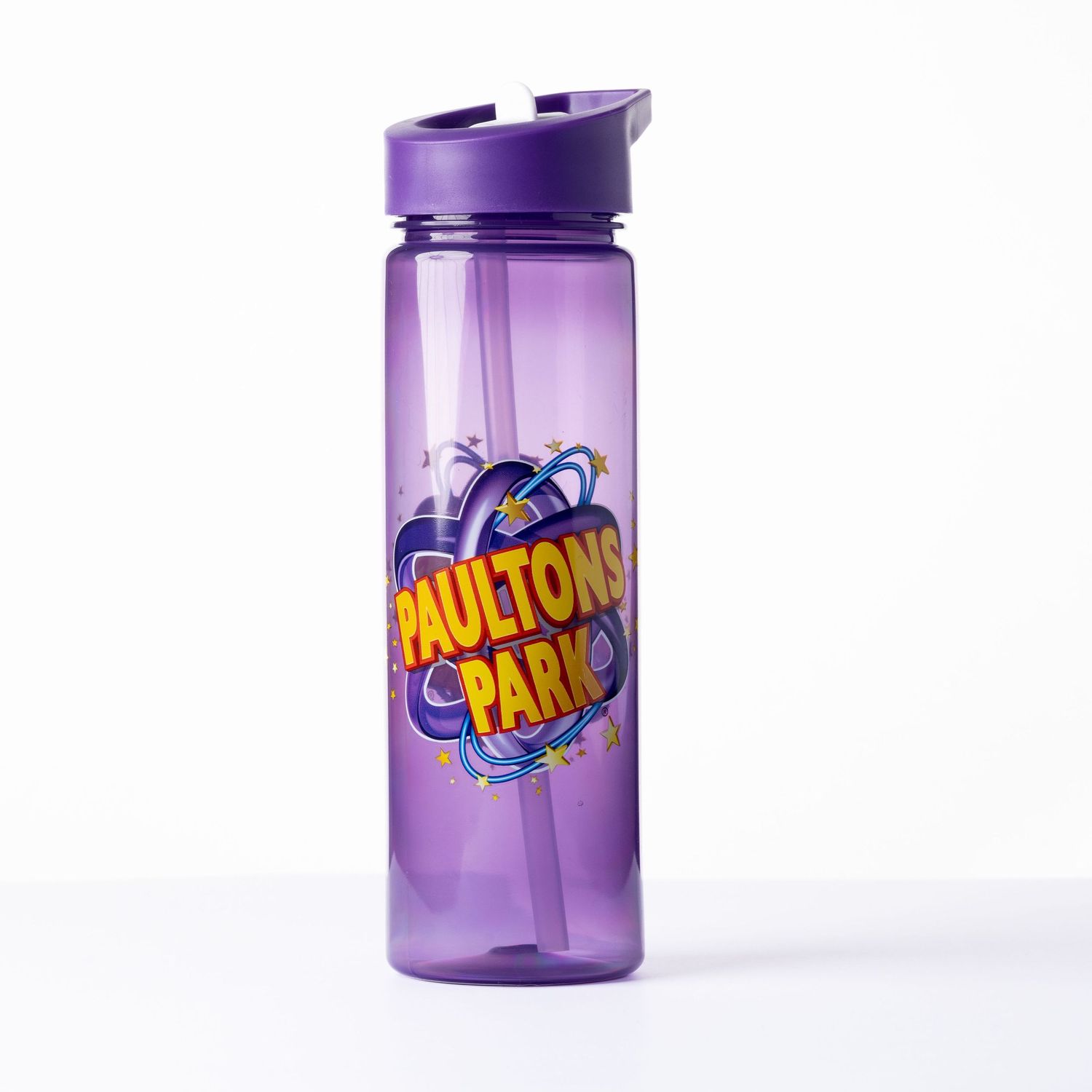 Purple branded Paultons Park water bottle with straw on a white background, theme park merchandise product photography