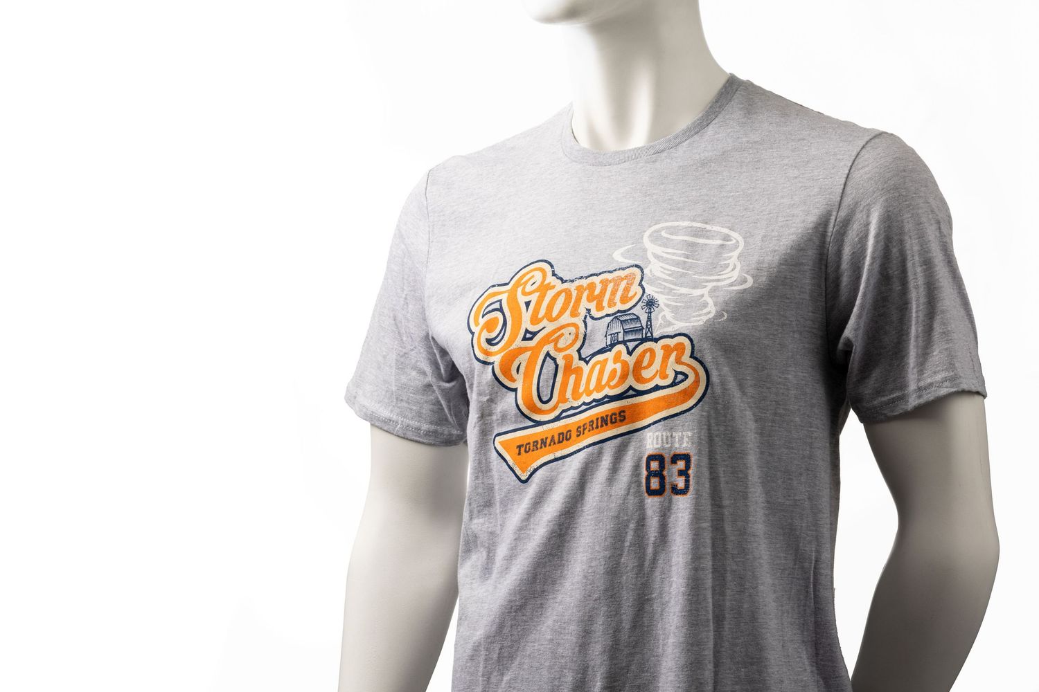 Grey Storm Chaser Tornado Springs t-shirt on a mannequin on a white background for Paultons Park, apparel merchandise product photography