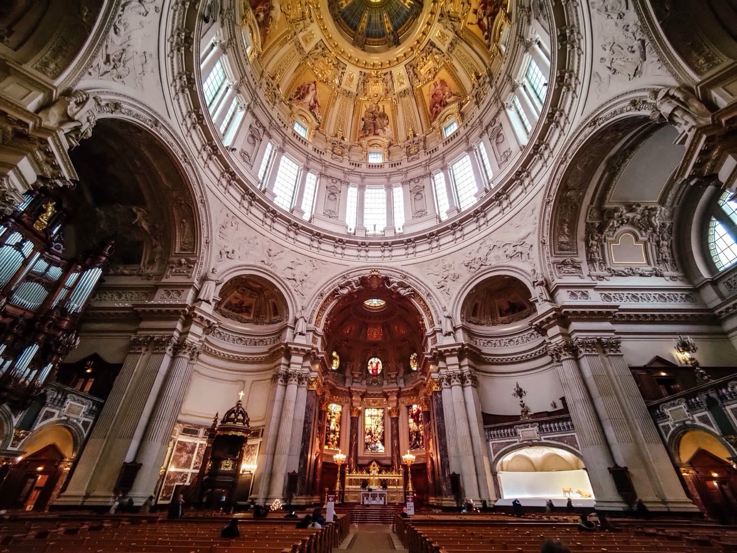 Painted dome, galleries and altar inside the Berliner Dom, Berlin, Germany, travel photography