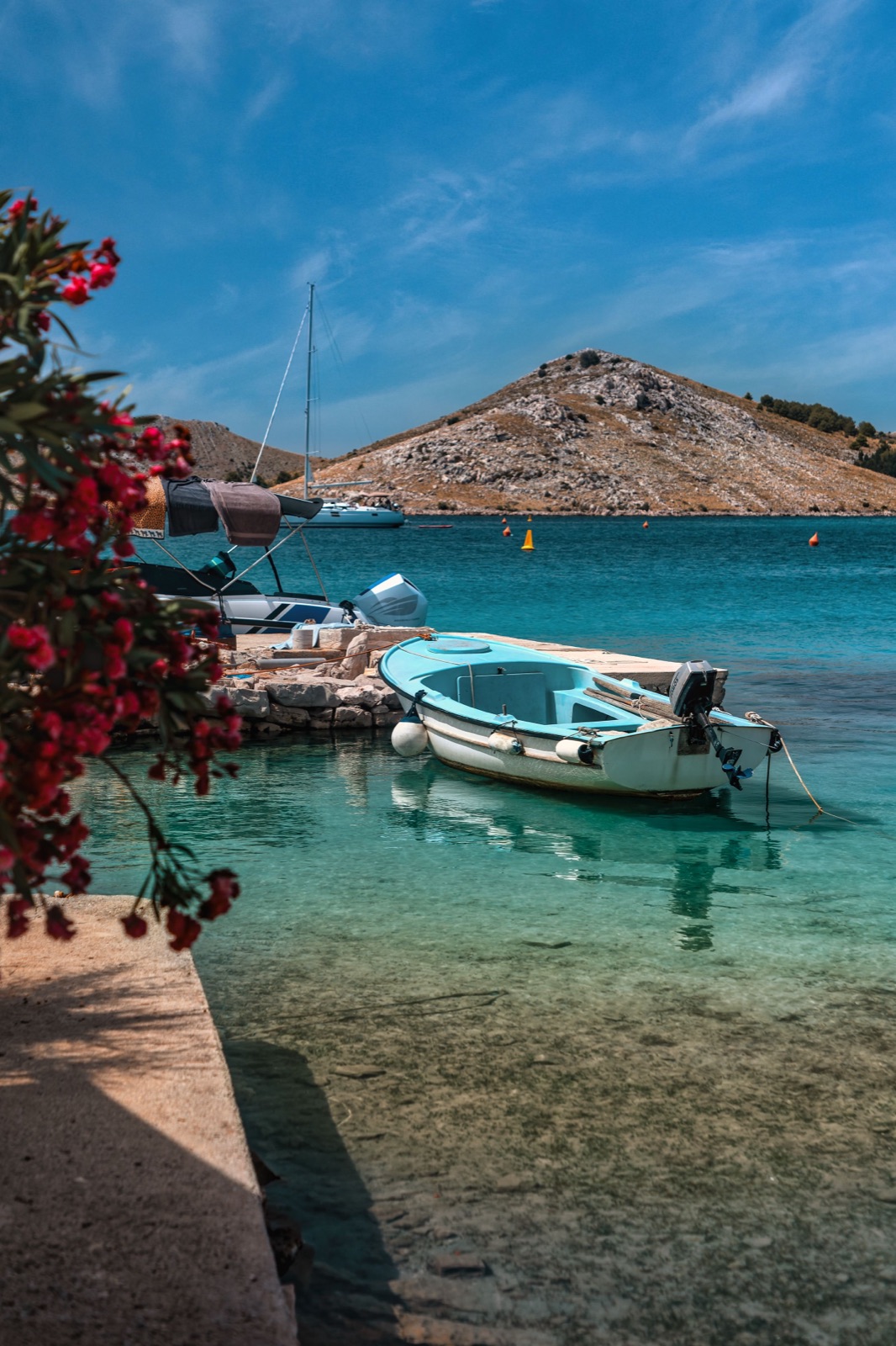 Small boats moored in clear turquoise water with bougainvillea in the foreground, Zadar, Croatia, travel photography