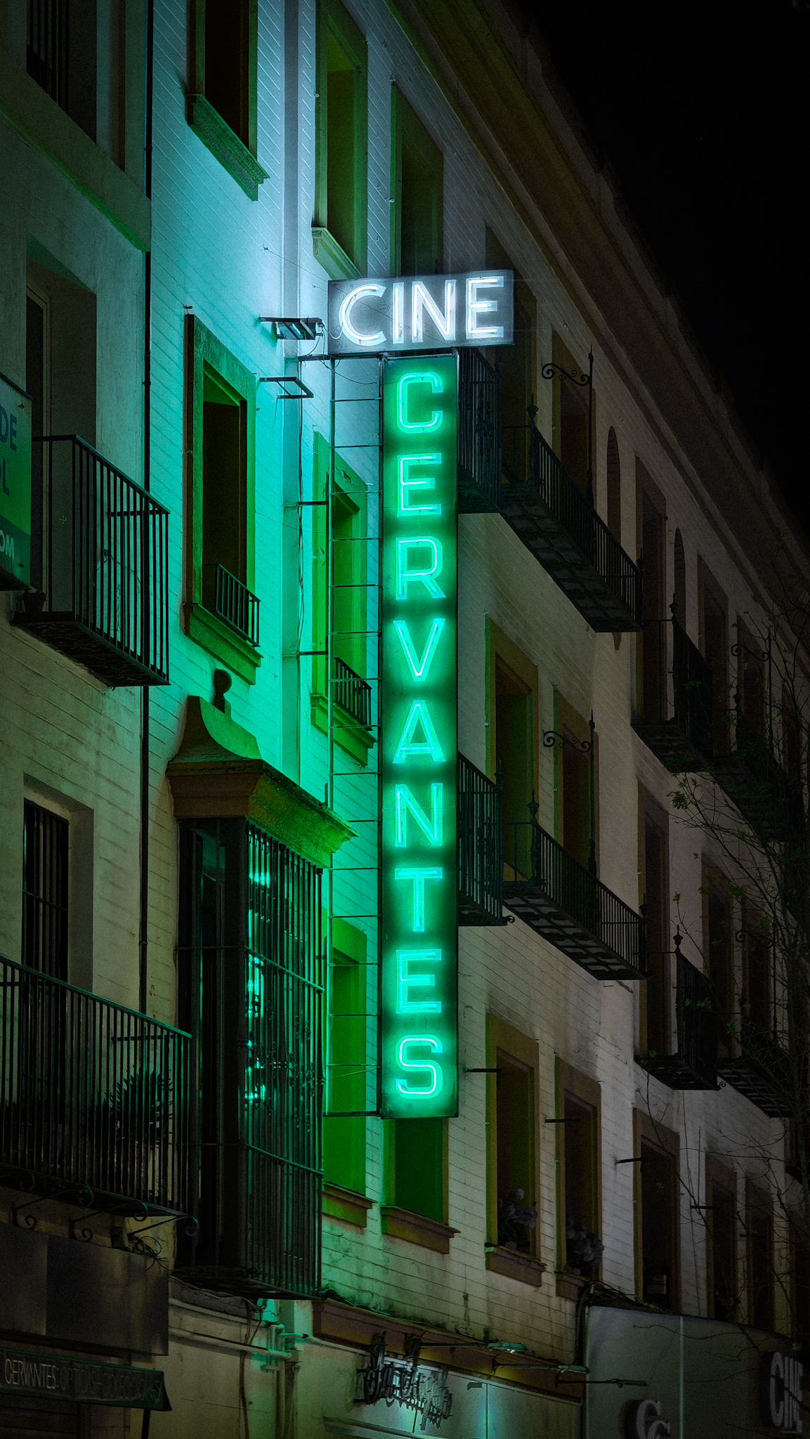 Cine Cervantes neon sign glowing green on a dark street corner, Malaga, Spain, travel photography