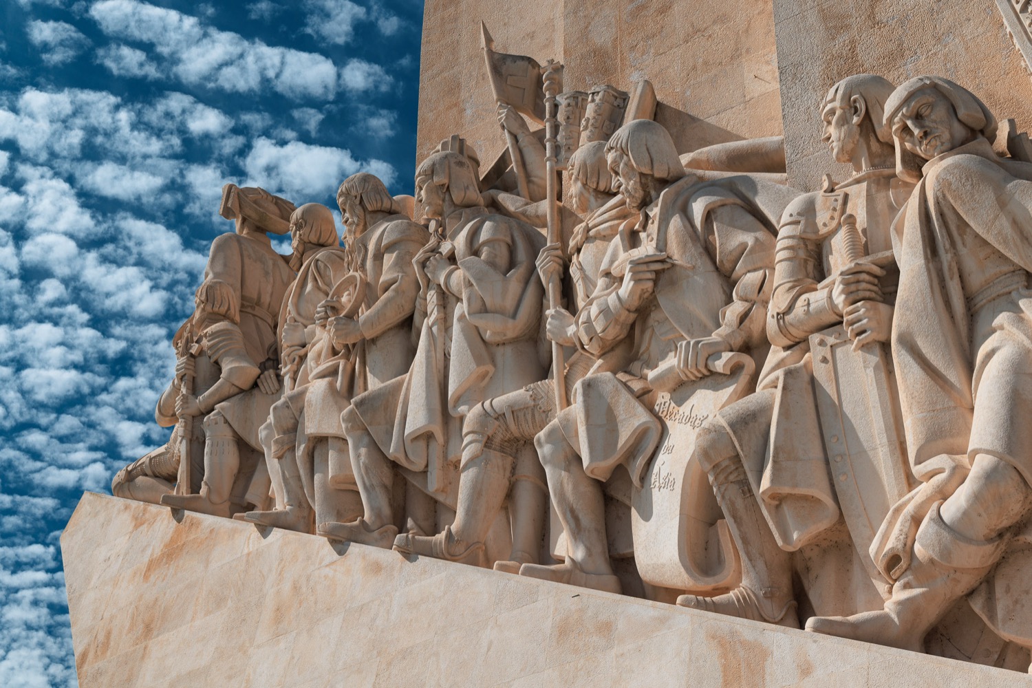 Carved stone figures on the prow of the Padrao dos Descobrimentos monument, Lisbon, Portugal, travel photography
