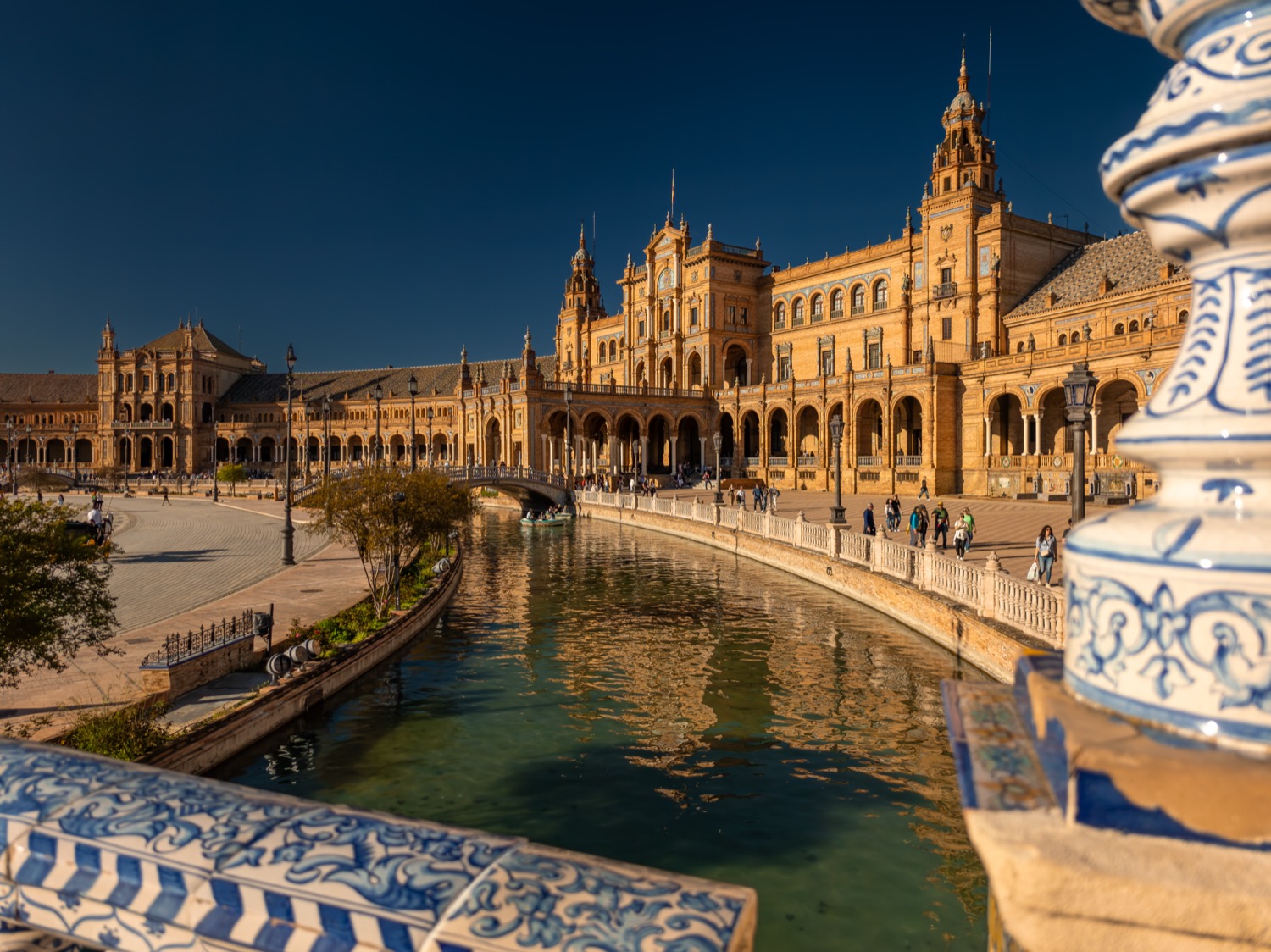 Plaza de Espana with its canal, bridges and painted ceramic balustrade, Seville, Spain, travel photography