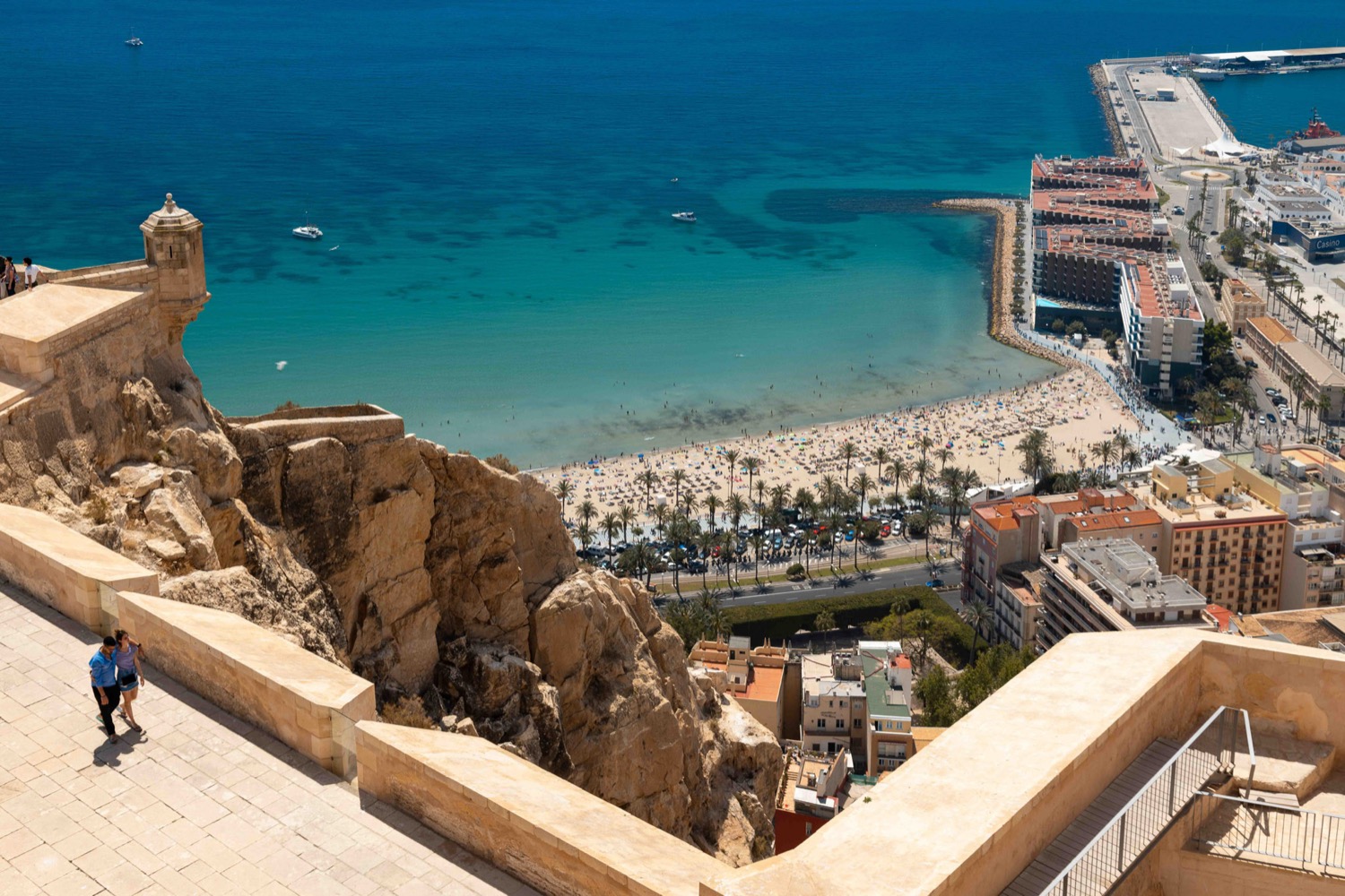 Postiguet beach, the marina and the city from the walls of Santa Barbara castle, Alicante, Spain, travel photography